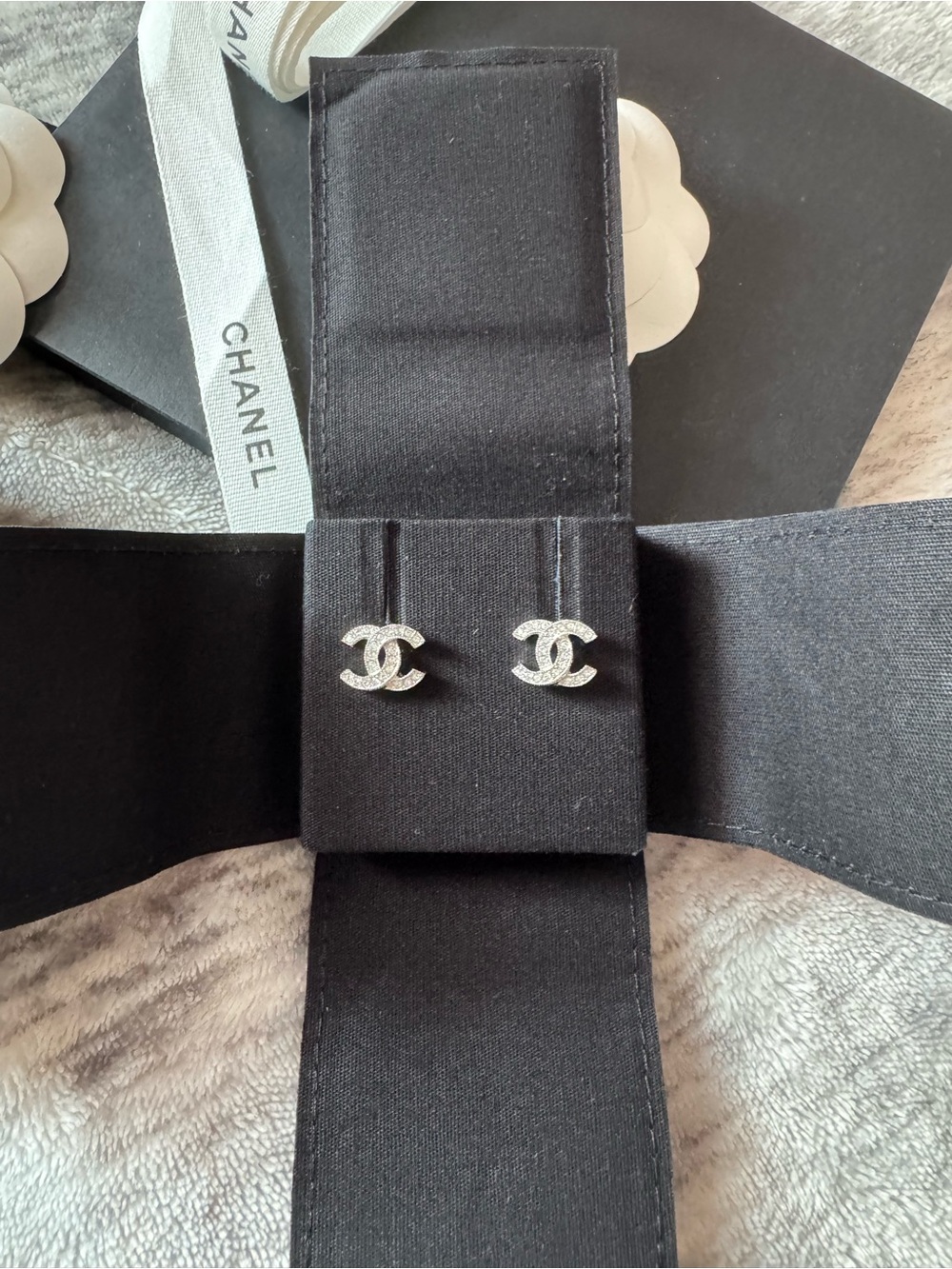 Chanel Silver-Tone Crystal CC Logo Stud Earrings